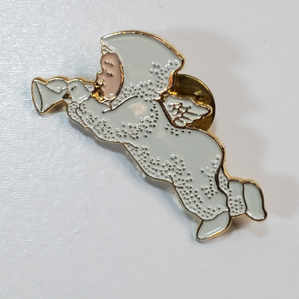 Vintage 1993 Gold Tone Metal White Enamel Snowbabies Angel Christmas Tack Pin